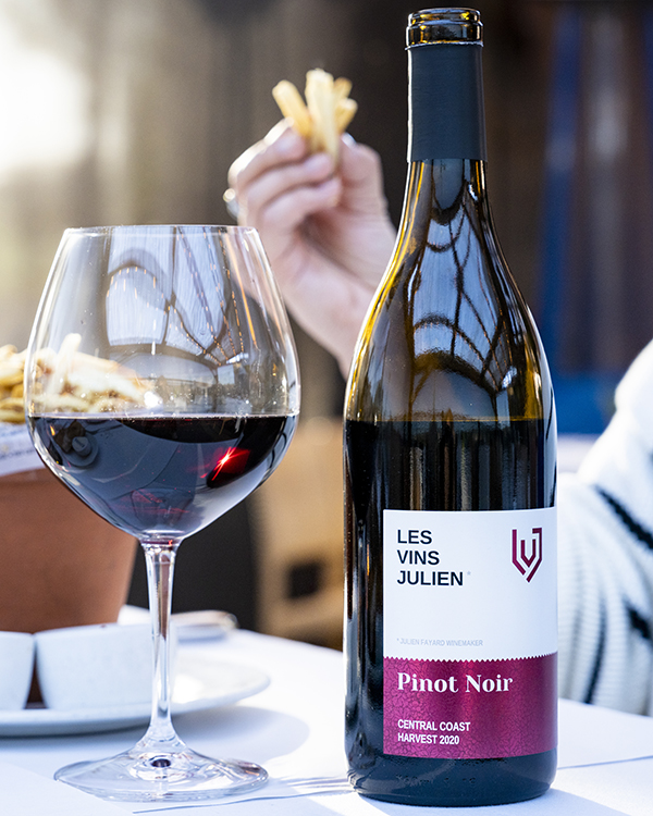 LVJ Pinot Noir on table with French Fries